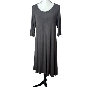 Eileen Fisher Small Ruched Front 3/4 Sleeve Taupe Midi Dress Stretchy Minimalist